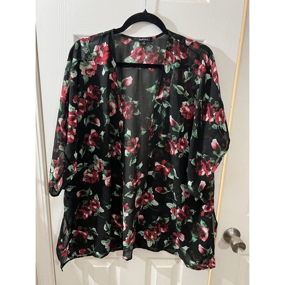 AMBIANCE Women's Short Sleeve Open Front Sheer‎ Black Floral Kimono Size M